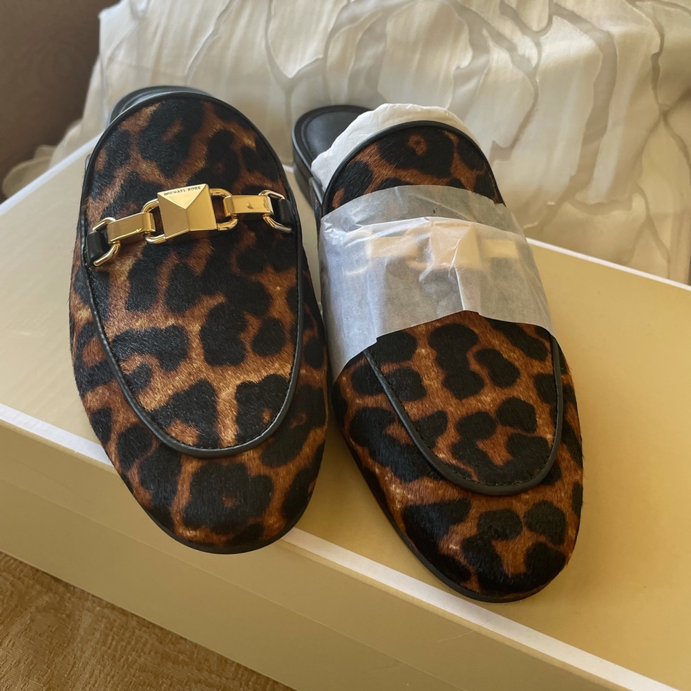 Brand new Michael Kors leopard calf skin mules